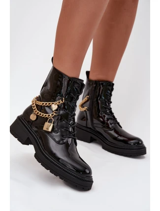 Lakierowane Botki Workery Damskie Ze Złotym Łańcuchem Ocieplane Czarne Sarinae