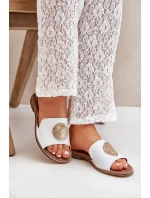 Skórzane Klapki Z Ozdobą Na Płaskim Obcasie Zazoo 3047/O Białe