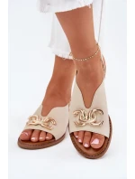 Sandały Damskie Na Płaskim Obcasie Ze Złotą Ozdobą Beżowe Amelira