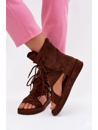 Dámské sandály Eko semiš s vysokým páskem a šněrováním Čokoládové Ferlisse