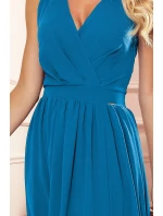 362-4 JUSTINE Długa suknia z dekoltem i wiązaniem - NIEBIESKA