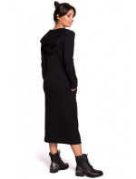 B128 Maxi šaty s kapucňou - čierne