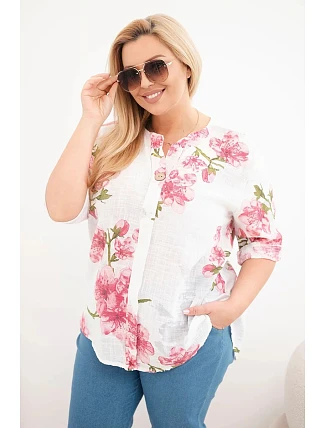 Dámske bavlnené Plus veľkosť V-neck blúzka s kvetinovým vzorom biela Dámske bavlnené Plus veľkosť V-neck blúzka s kvetinovým vzorom biela
