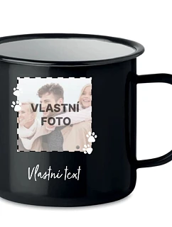 Personalizovaný retro plechový pohár s fotografiou domáceho maznáčika a textom