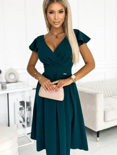 425-1 MATILDE Šaty s výstrihom a krátkymi rukávmi - BOTTLE GREEN