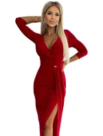 404-7 Dlhé trblietavé šaty s výstrihom a rozparkom na nohách - ČERVENÉ s trblietkami