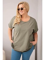 Dámske Plus veľkosť bavlnená blúzka s krátkym rukávom Khaki