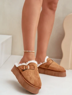 Kapcie Damskie Na Grubej Podeszwie Z Futerkiem I Klamrą Camel Linneola