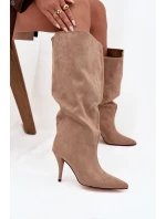 Wsuwane Kozaki Damskie Na Szpilce Z Eko Zamszu Beżowe Noretta