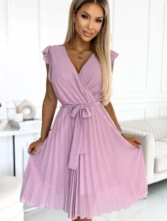 374-3 POLINA Plisované šaty s výstrihom a volánikmi - DARK RED