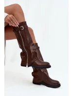 Kozaki Damskie Z Wywiniętą Cholewką Klamrą I Srebrnym Zamkiem Ocieplane Brązowe Bressa