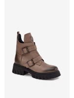 Dámske kožené zateplené členkové topánky s prackami a ozdobnými detailmi Zazoo 60482 dark beige