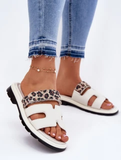 Skórzane Klapki Damskie Z Rzepem Panterka Vinceza 66769 Jasnobeżowe