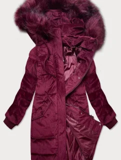 Dámska manšestrová zimná bunda v bordovej farbe s kapucňou (7764)