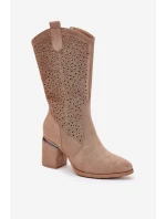 Ażurowe Kozaki Kowbojki Do Połowy Łydki S.Barski HY51-238 Beżowe