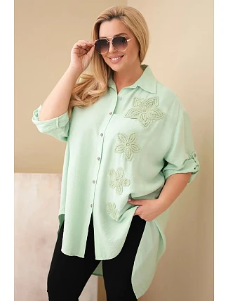 Dámske tričko Plus Size z viskózy s kvetinovou výšivkou tmavá mentolová