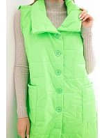 Dámska prešívaná dlhá vesta s vreckami a stojacím golierom neónovo zelená