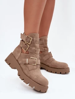 Botki Damskie Z Paskami I Złotymi Klamrami Beżowe Helisse