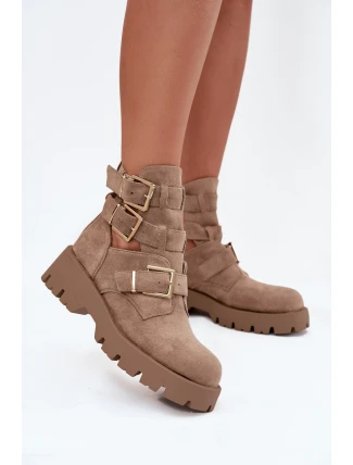 Botki Damskie Z Paskami I Złotymi Klamrami Beżowe Helisse