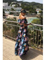 Dlhé dámske čierne šaty s farebnými kvetmi a španielskym výstrihom model 7118058 Dlhé dámske čierne šaty s farebnými kvetmi a španielskym výstrihom model 7118058