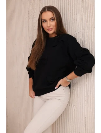 Zateplená mikina so sťahovacím lemom a ozdobnými mašľami čierna