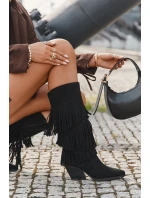 Ocieplane Kozaki Kowbojki Damskie Z Frędzlami Czarne Brivina