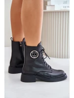Skórzane Botki Workery Ocieplane Na Zamek Z Ozdobą Czarne Lorevine