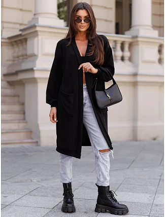 Dlhý dámsky oversize kardigán s vreckami, čierny, FashionStreet MY2583