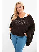 Dámsky oversize sveter s dierami, výstrihom do V a predĺženým chrbtom, hnedý Dámsky oversize sveter s dierami, výstrihom do V a predĺženým chrbtom, hnedý