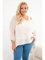 Dámsky sveter oversized so vzorom, výstrihom do V a predĺženým zadným dielom, béžový Dámsky sveter oversized so vzorom, výstrihom do V a predĺženým zadným dielom, béžový
