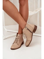 Zazoo 2964 Skórzane Botki Na Płaskim Obcasie Beżowe