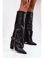 Kozaki Damskie Wsuwane Na Słupku Z Ozdobnym Paskiem Eko Skórzane Czarne Jolivine