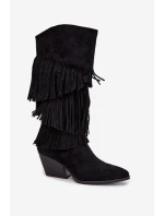 Ocieplane Kozaki Kowbojki Damskie Z Frędzlami Czarne Brivina