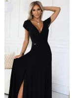 411-12 CRYSTAL lesklé dlhé šaty s výstrihom - BLACK