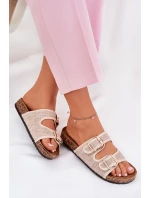 Materiałowe Klapki Damskie Na Korkowej Platformie Z Klamrami Beżowe Osoffe