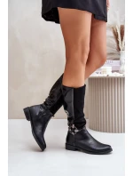 Ocieplane Kozaki Na Płaskim Obcasie Z Ozdobną Klamrą Czarne Leatharia