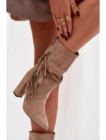 Dámské kotníkové boty na podpatku s třásněmi a stahováním vyhřívané béžové Darlina