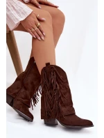 Dámské kožené boty s třásněmi na podpatku čokoládové Gralina