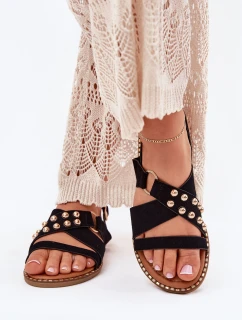 Sandały Damskie Na Płaskim Obcasie Ze Złotymi Ćwiekami Czarne Zanira