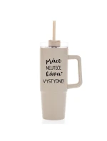 PRÁCA NEVYHOVUJE, KÁVA STOJÍ ZA TO! - béžový cestovný termohrnček s priehľadným viečkom 900 ml