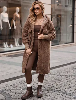 Bawełniany płaszcz damski baranek z kapturem kamelowy FashionStreet NY0852