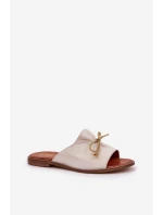 Skórzane Płaskie Eleganckie Klapki Z Kokardką Lewski 3572 Złoty Przecierany