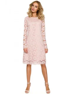 M406 čipkované šaty s dlhými rukávmi v tvare A - ružové