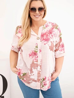 Dámske bavlnené Plus veľkosť blúzka s V-výstrihom a kvetinovým vzorom Powder Pink