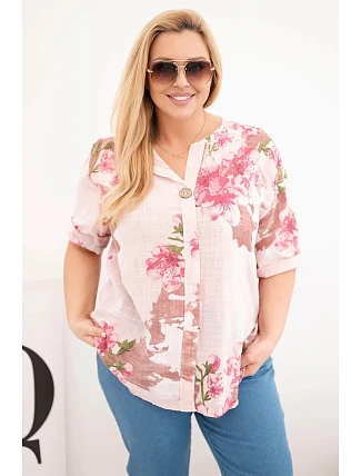 Dámske bavlnené Plus veľkosť blúzka s V-výstrihom a kvetinovým vzorom Powder Pink