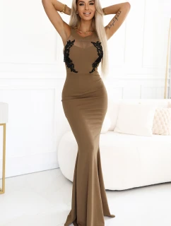617-1 Dlhé šaty s čiernou čipkou a sieťovinou - MOCHA MOUSSE
