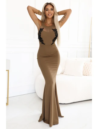 617-1 Dlhé šaty s čiernou čipkou a sieťovinou - MOCHA MOUSSE