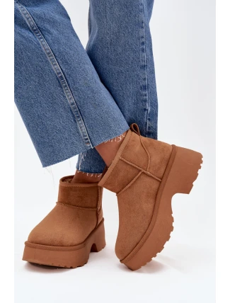 Śniegowce Damskie Niskie Wsuwane Ocieplane Futerkiem Camel Mavelle