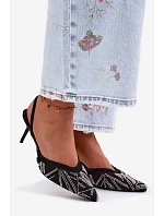 Ozdobené sandály s síťkou na jehlovém podpatku Černé Bedira