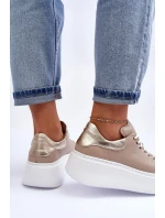 Damskie Buty Sportowe Skórzane na Platformie Beżowe Lemar 10150